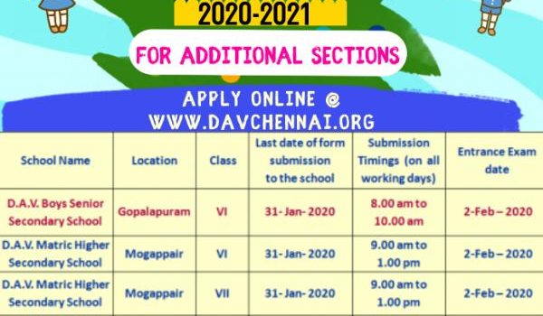 D.A.V Group of Schools, Chennai Class 6 & 7 Admissions 2020 for Additional Sections in some schools