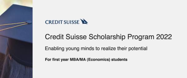 Credit Suisse Scholarship for MBA and MA (Economics) Students 2022