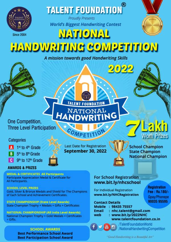 TALENT FOUNDATION NATIONAL HANDWRITING COMPETITION 2022 Kids Contests