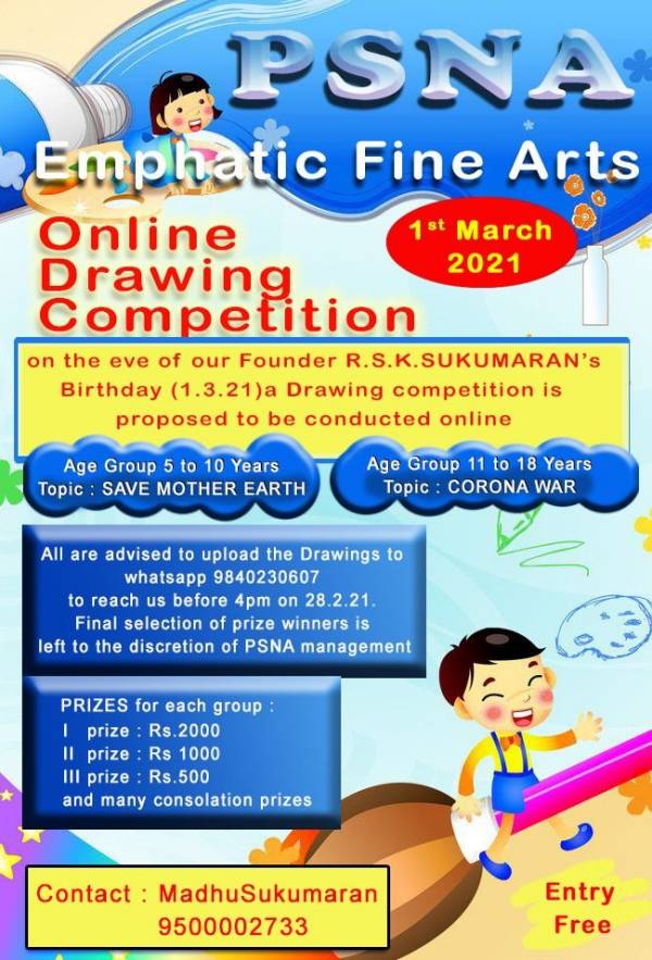 FREE Online Drawing Competition by PSNA Emphatic Fine Arts on March 1st,  2021 – Kids Contests
