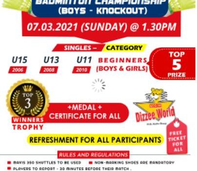 Sportena Academy Mega Inter School Badminton Tournament on March 7, 2021